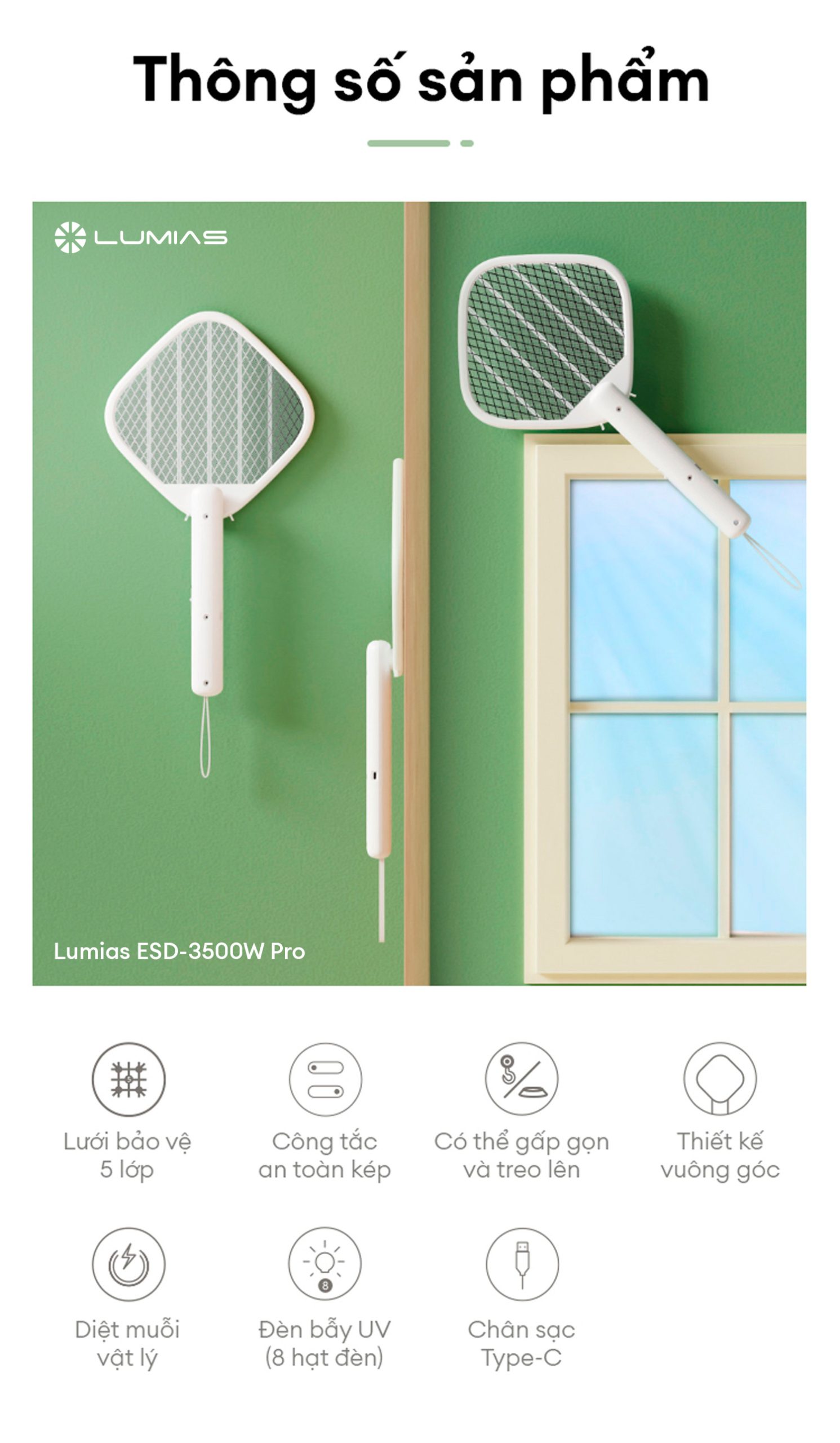 Thông số kỹ thuật vợt muỗi gấp gọn LUMIAS ESD-3500W PRO